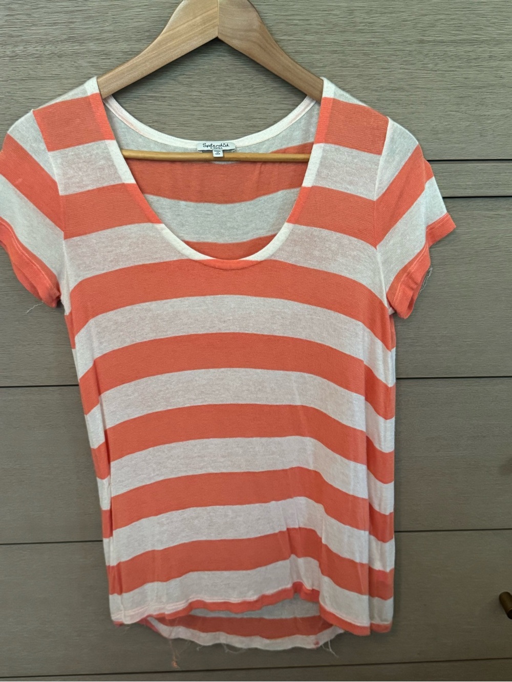 Splendid Coral and Cream Striped Scoop Neck Tee
